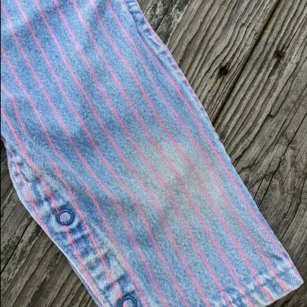Vintage Oshkosh B'Gosh 6/9 M Vestbak Overalls Striped Denim Blue Pink